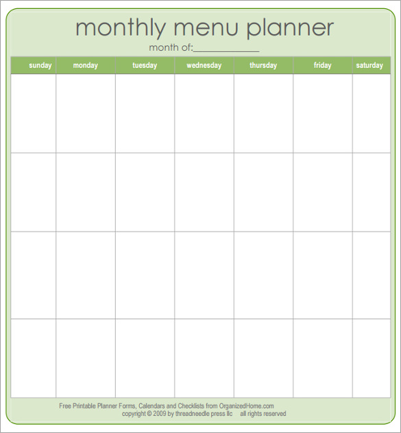 monthly menu planner