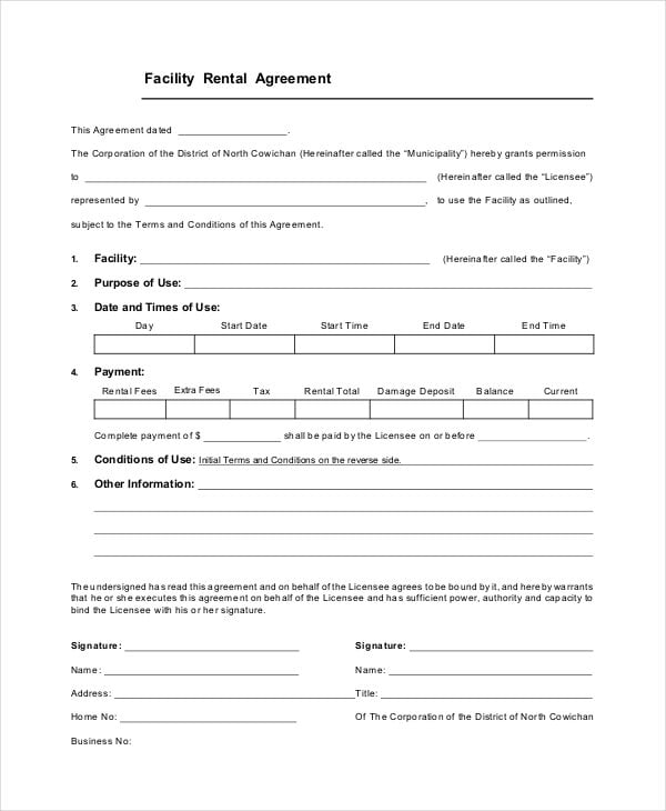 facility rental agreement printable