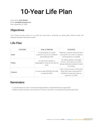0 year life plan template