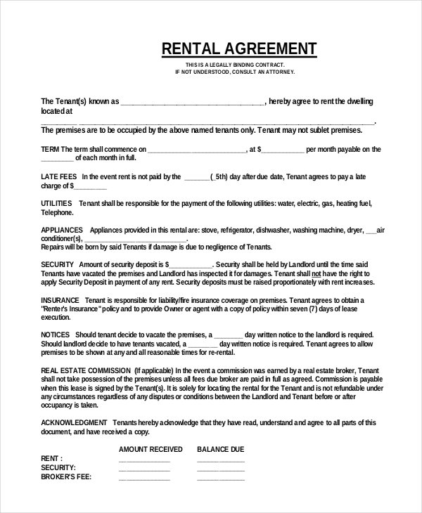 One Page Printable Lease Agreement