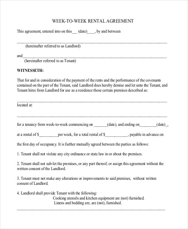 simple week to week rental agreement template pdf