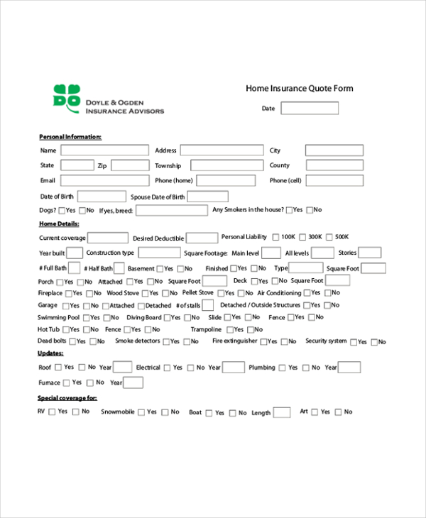 Home Insurance Quote Sheet Template