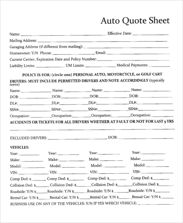 auto quote sheet template