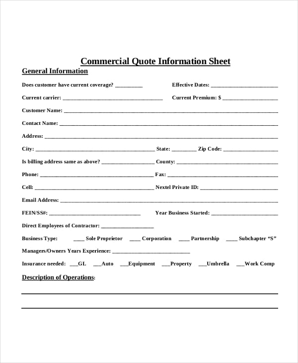 commercial quote information sheet