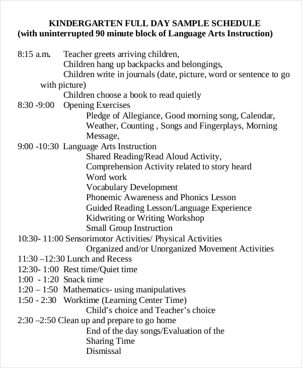 kindergarten school schedule template