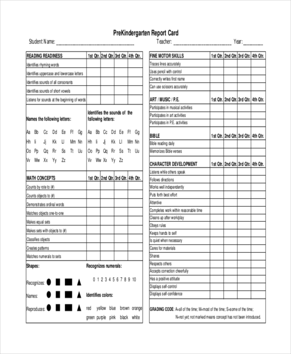 preschool report card template