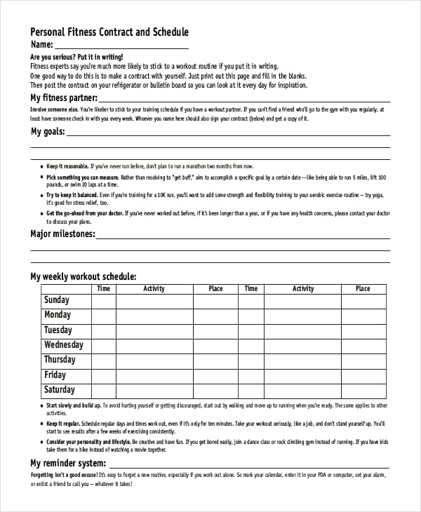 personal fitness contract and schedule template