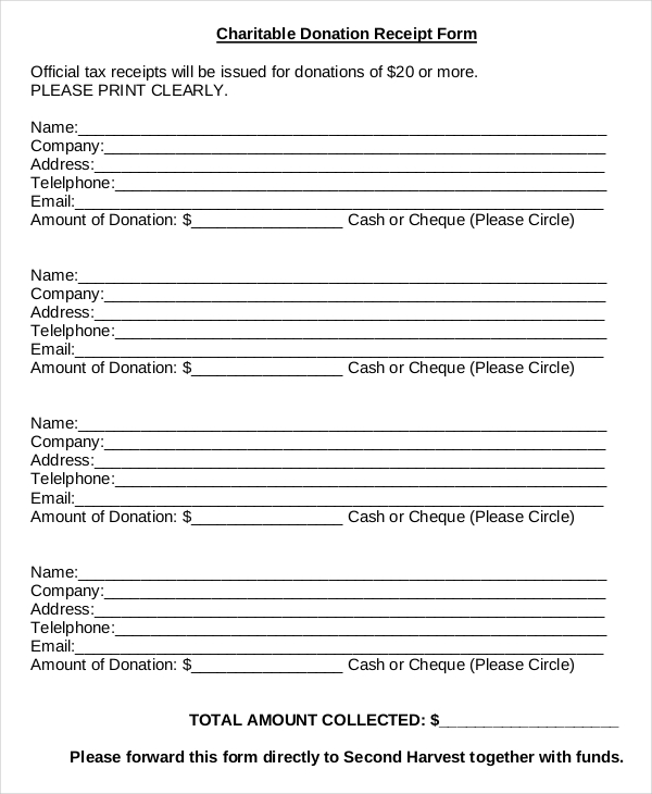 charitable donation receipt form