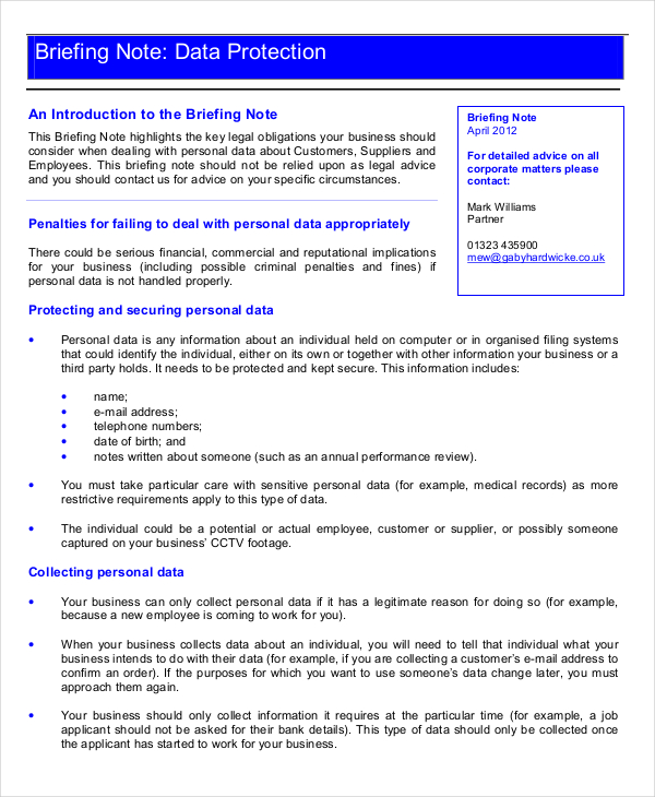 data protection and research briefing note template