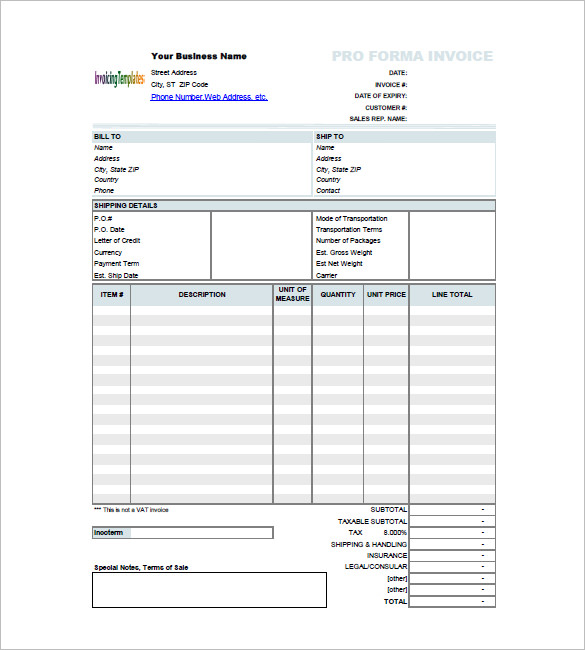 sample proforma invoice excel template