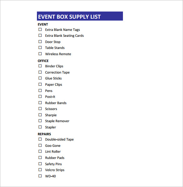 event box supply list