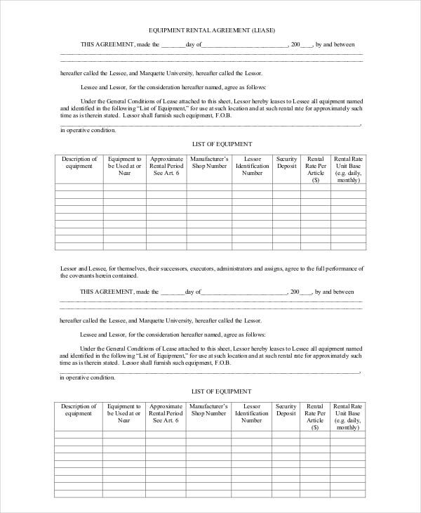 equipment blank rental agreement pdf free download