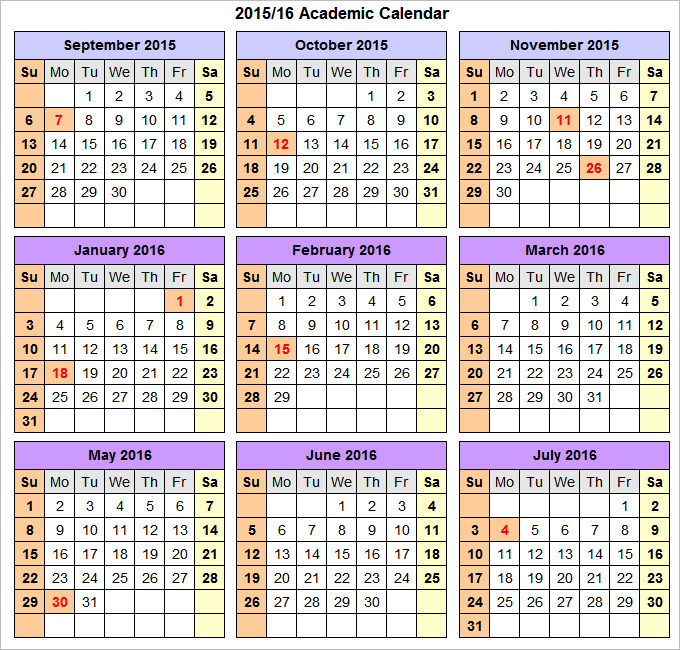 Academic Year Calendar Template HQ Printable Documents