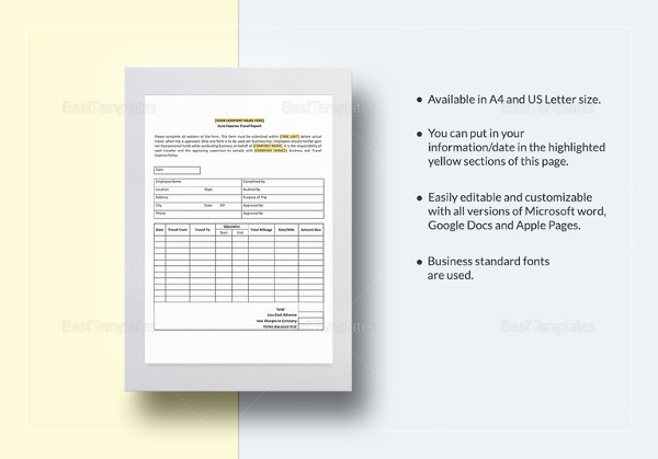 auto expense travel report template