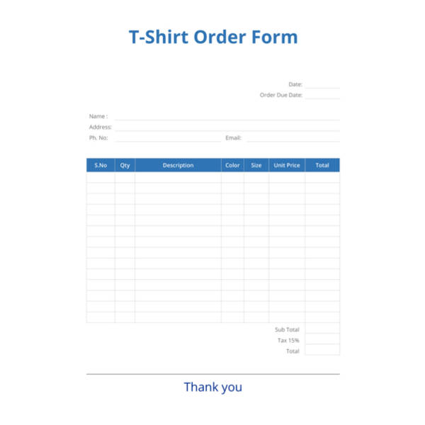 blank t shirt order form template