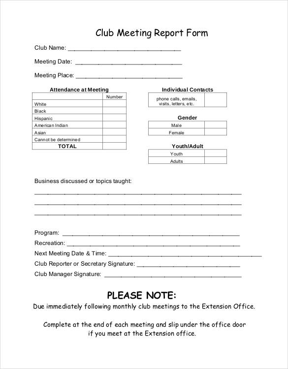 club meeting note report form