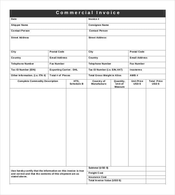 commercial shipping invoice template pdf