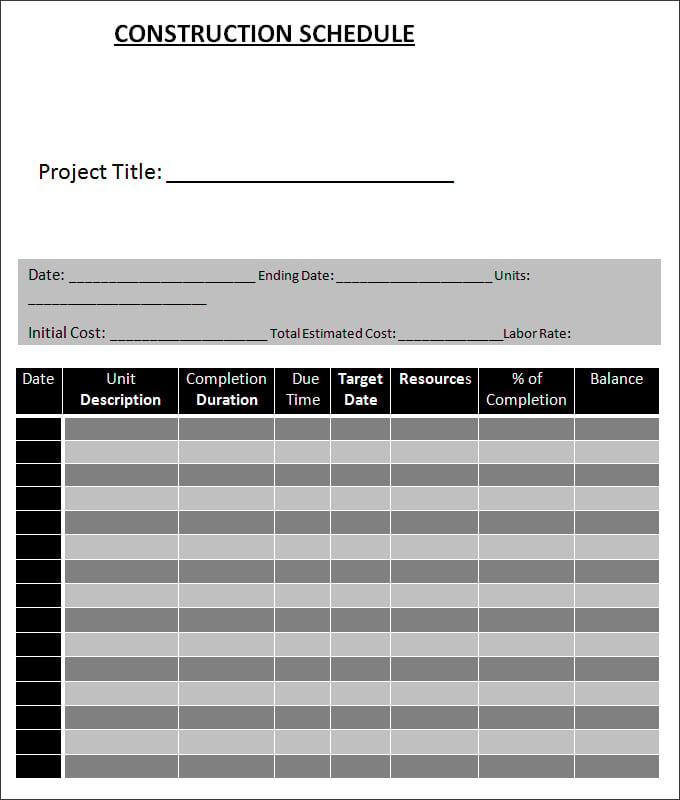construction schedule template