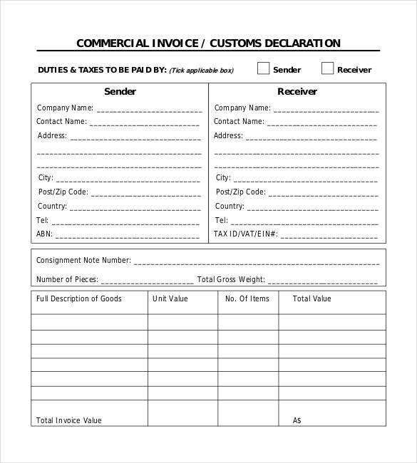 customs commercial invoice template