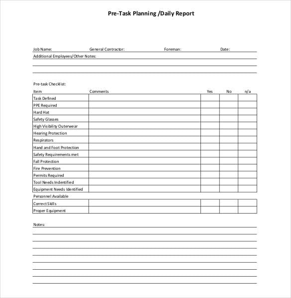daily pre task planning report