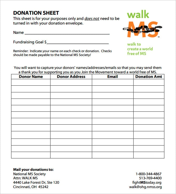 Donation Sheet Template 9 Free PDF Documents Download Free 