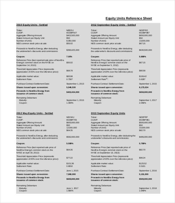 equity units reference sheet