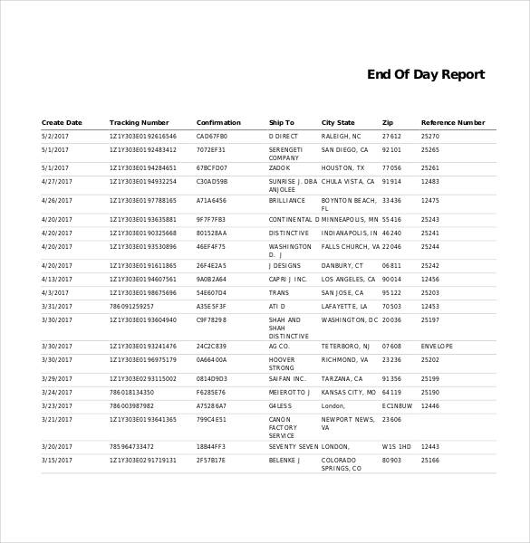 example of end of day report