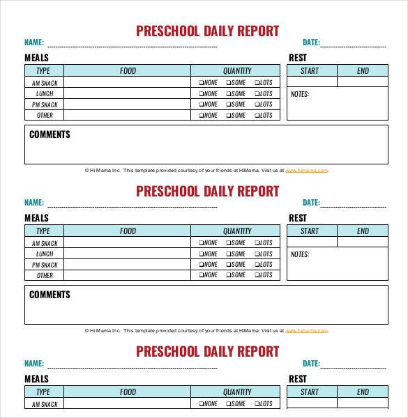 example of preschool daily report