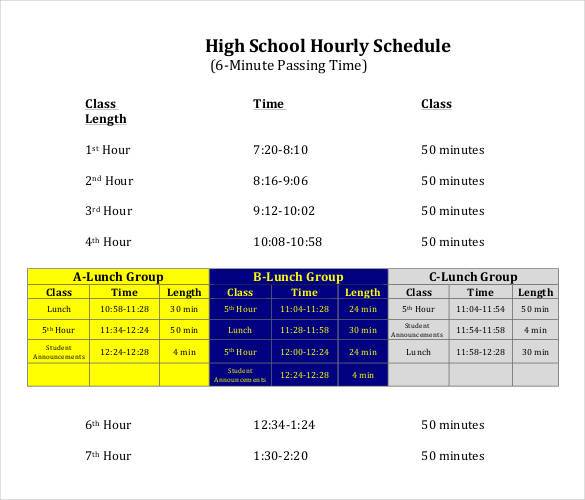 example of a high school hourly schedule
