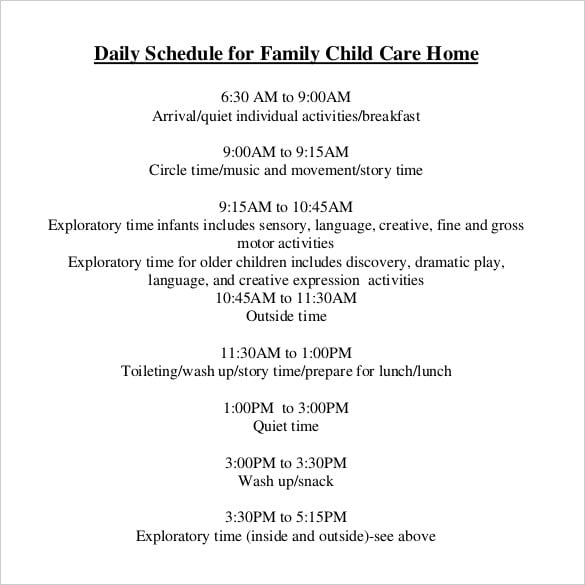 family child care daily schedule