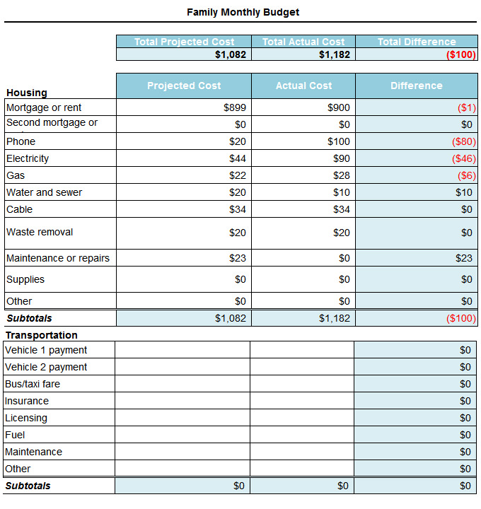 monthly household budget example