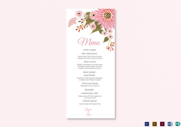 floral wedding menu card psd template
