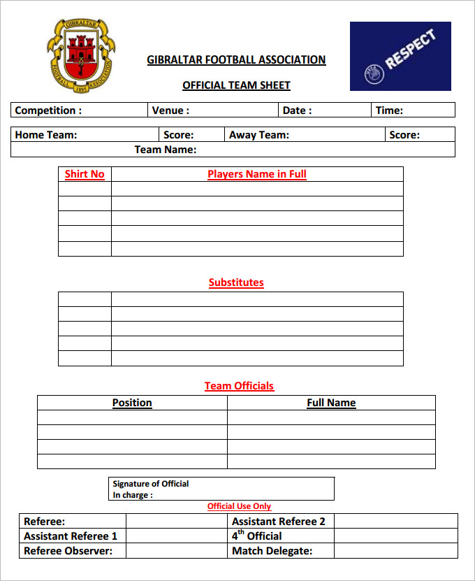 Football Team Sheet Template - 6+ PDF | Free & Premium Templates