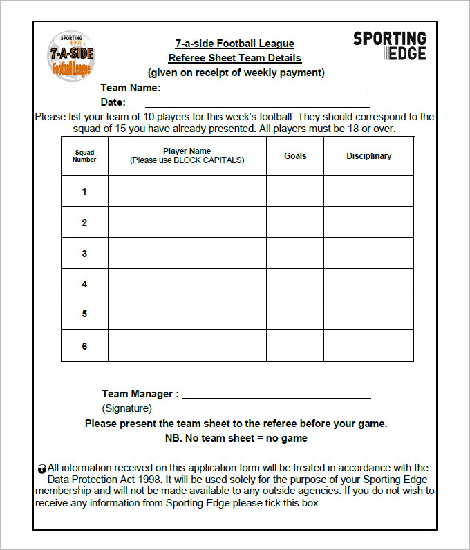 Football Team Sheet Template 6  PDF