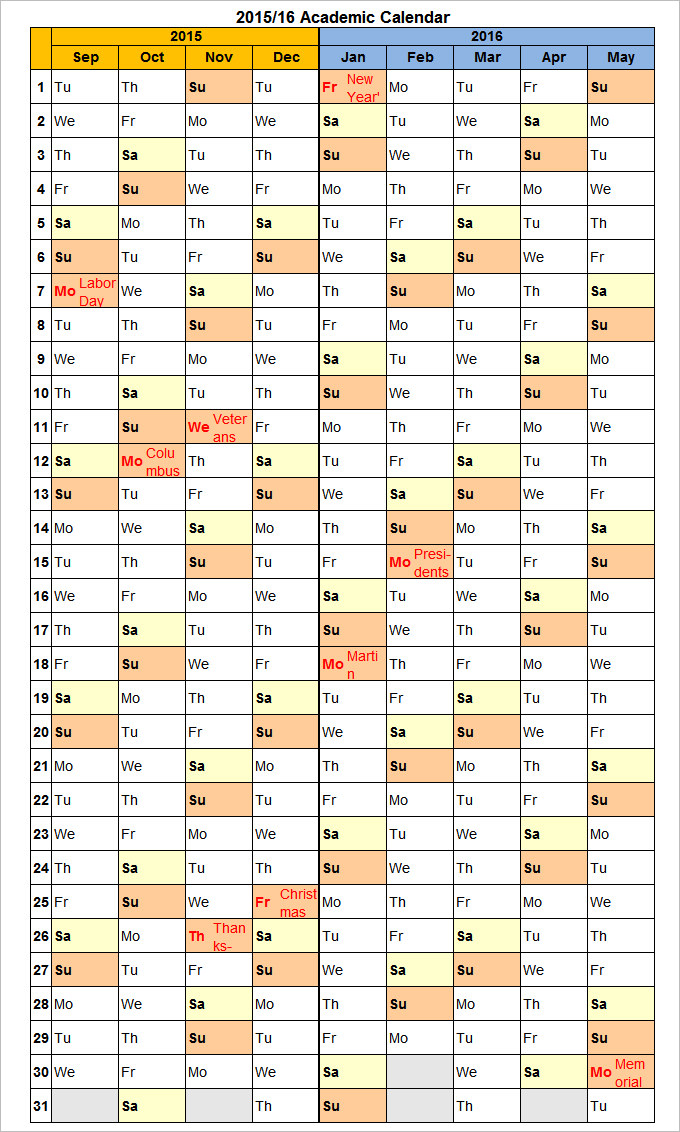 Semester Calendar Template 2016