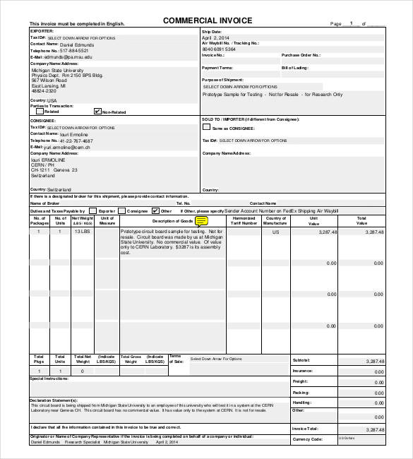 excel commercial invoice template