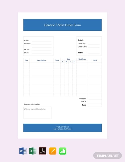 free generic t shirt order form template