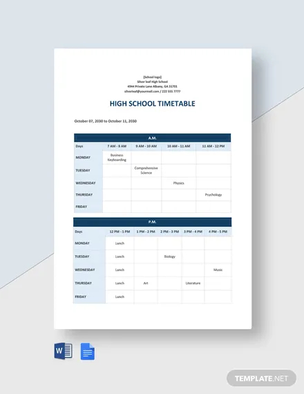 free high school timetable template