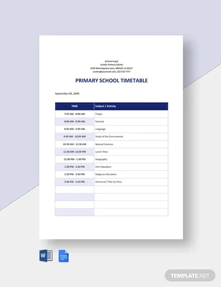 free primary school timetable template