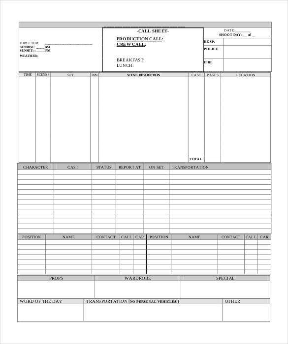 Call Sheet Form Free Sheet Templates Call Sheet Form Free Sheet Templates