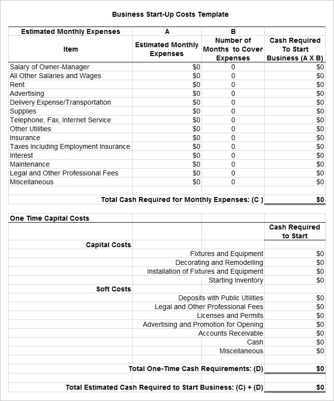 Business Start Up Cost Template - 5+ Free Word, Excel Documents Download