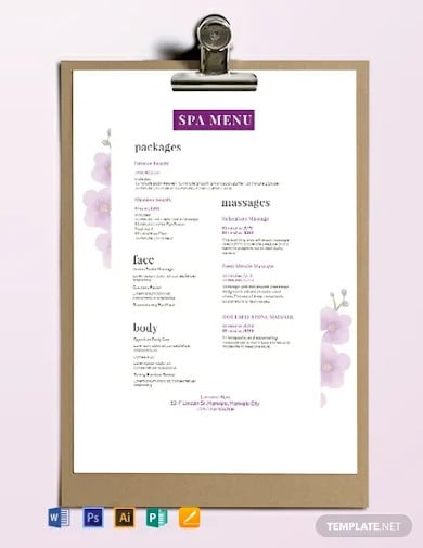 free spa menu template