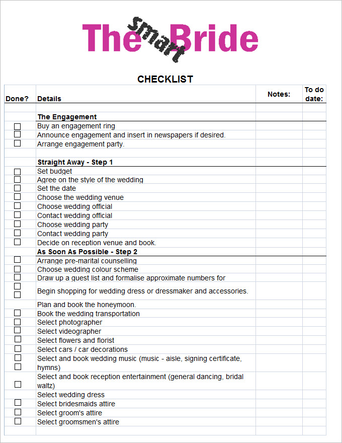 bridal wedding planner checklist