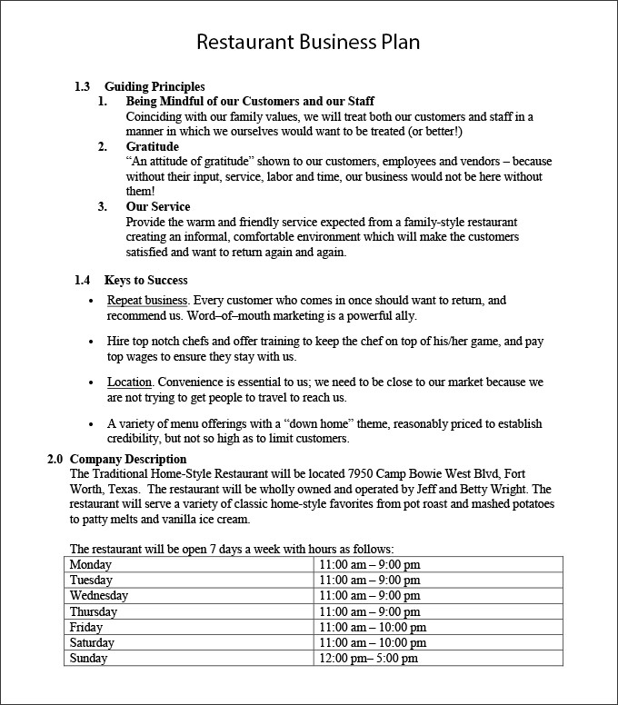 free restaurant business plan template pdf