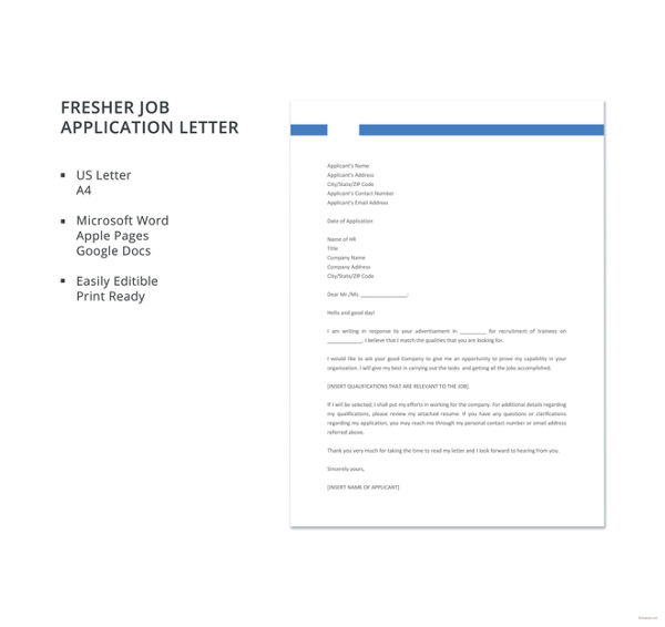 fresher job application letter template