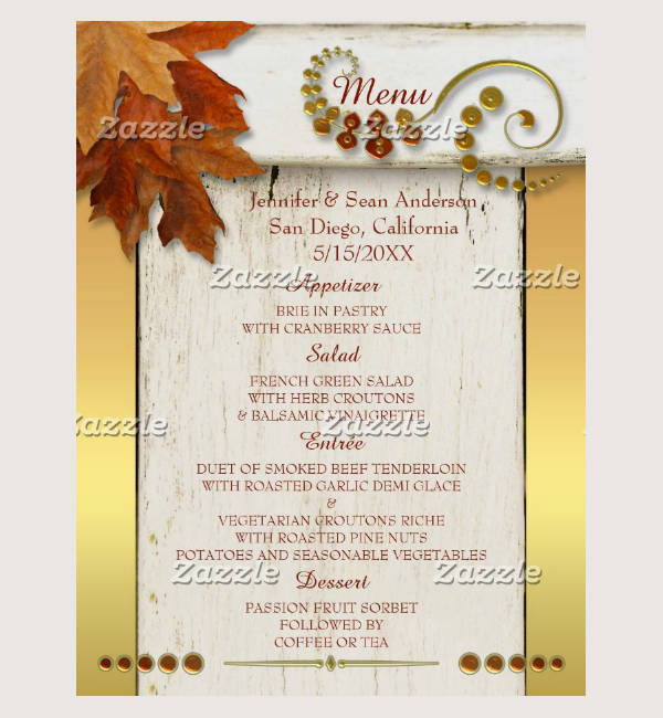 gold fall leaves thanksgiving or wedding menu postcard template