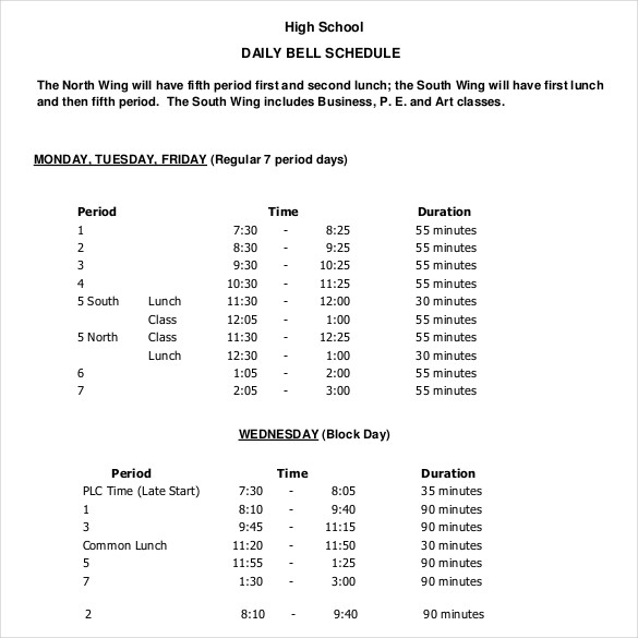 high school daily schedule