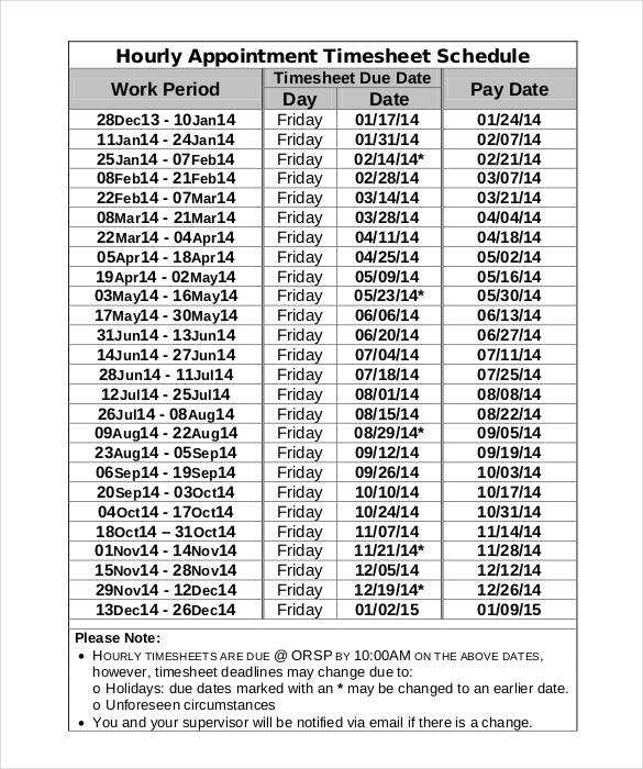 hourly appointment timesheet schedule