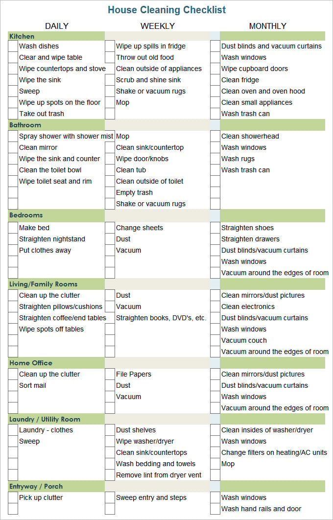 house cleaning check list schedule template
