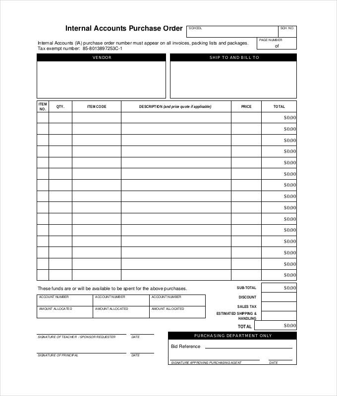 internal accounts purchase order